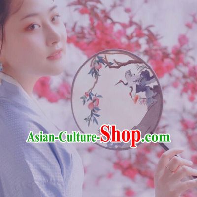 Chinese Classical Beige Silk Palace Fan Ancient Song Dynasty Princess Embroidered Cranes Peach Round Fans Accessories