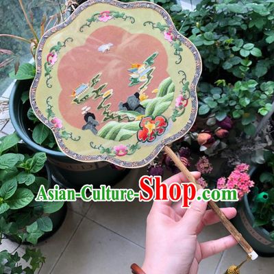 Chinese Classical Beige Silk Palace Fan Ancient Song Dynasty Princess Embroidered Heavenly Court Fans Accessories