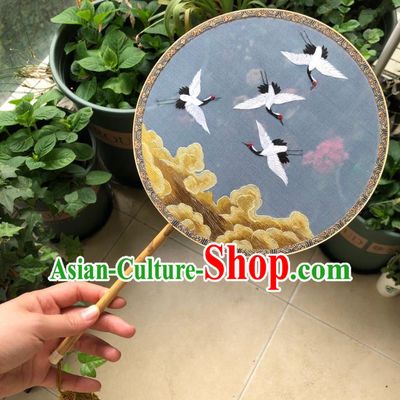 Chinese Classical Blue Silk Palace Fan Ancient Song Dynasty Princess Embroidered Cloud Cranes Fans Accessories