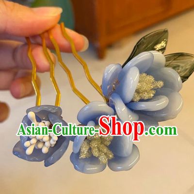 Chinese Ancient Court Lady Flowers Hairpins Hair Accessories Handmade Blue Plastic Plum Blossom Hair Comb