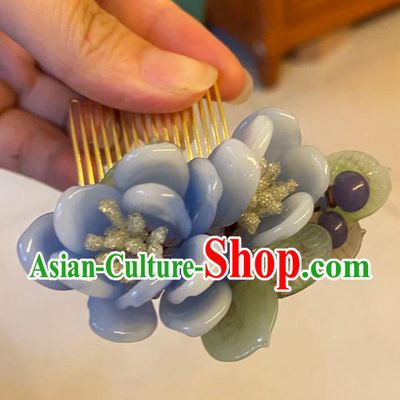 Chinese Ancient Palace Lady Hairpins Hair Accessories Handmade Blue Plastic Flowers Hair Comb