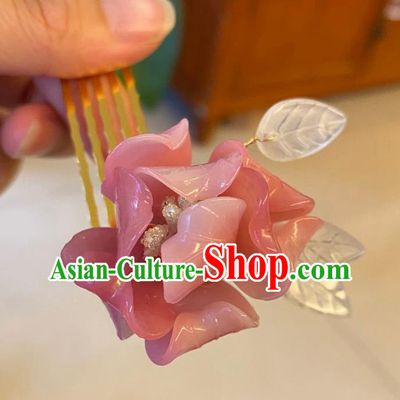 Chinese Ancient Palace Lady Peach Blossom Hairpins Hair Accessories Handmade Pink Plastic Flower Hair Comb