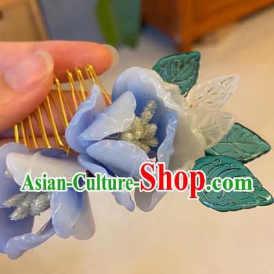 Chinese Ancient Palace Lady Blue Flowers Hairpins Hair Accessories Handmade Plastic Hair Comb