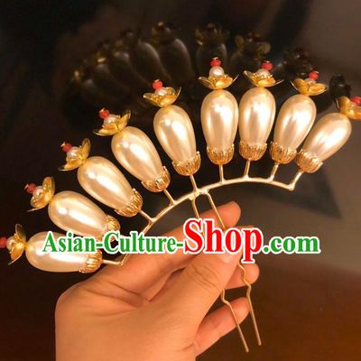 Chinese Ancient Court Empress Pearls Plum Hairpins Hair Accessories Handmade Ming Dynasty Palace Hair Stick