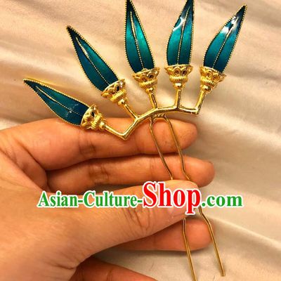 Chinese Ancient Court Empress Blueing Bamboo Leaf Hairpins Hair Accessories Handmade Ming Dynasty Palace Golden Hair Stick