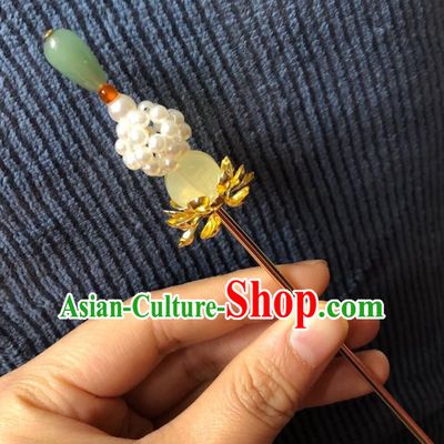 Chinese Ancient Palace Empress Pearls Hairpins Hair Accessories Handmade Ming Dynasty Court Aventurine Hair Stick