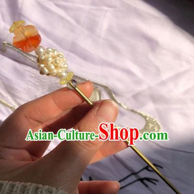 Chinese Ancient Palace Empress Agate Plum Hairpins Hair Accessories Handmade Ming Dynasty Court Pearls Hair Stick