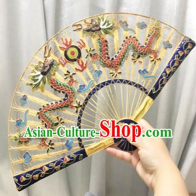 Chinese Classical Cloisonne Red Dragons Folding Fan Ancient Ming Dynasty Princess Brass Fans