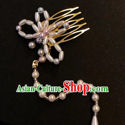 Chinese Ancient Palace Princess Hairpins Hair Accessories Handmade Ming Dynasty Court Pearls Butterfly Tassel Hair Comb