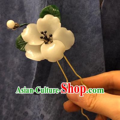 Chinese Ancient Palace Lady White Flower Hairpins Hair Accessories Handmade Plastic Camellia Hair Stick