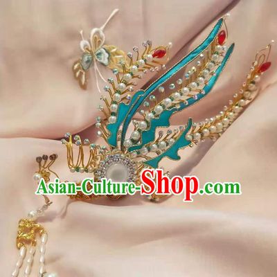 Chinese Ancient Imperial Empress Crystal Phoenix Hairpins Hair Accessories Handmade Ming Dynasty Court Golden Pearls Tassel Hair Crown