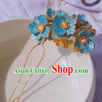 Chinese Ancient Princess Pearls Hairpins Hair Accessories Handmade Ming Dynasty Blueing Plum Flowers Hair Stick