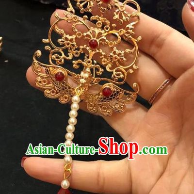 Chinese Ancient Princess Golden Phoenix Hairpins Hair Accessories Handmade Ming Dynasty Palace Tassel Hair Crown
