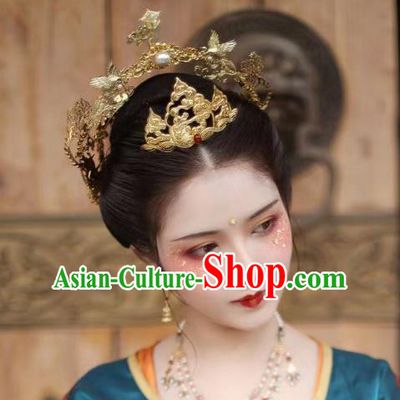 Chinese Ancient Princess Golden Phoenix Coronet Hairpins Hair Accessories Handmade Tang Dynasty Palace Hair Crown