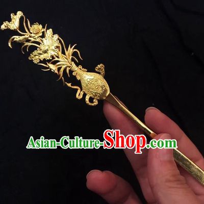 Chinese Ancient Empress Golden Orchid Hairpins Hair Accessories Handmade Ming Dynasty Palace Hair Stick
