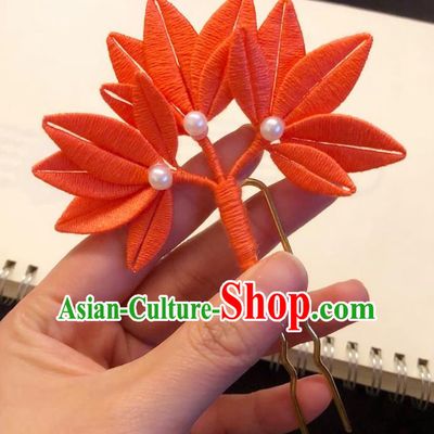 Chinese Ancient Court Lady Red Silk Flowers Hairpins Hair Accessories Handmade Tang Dynasty Maple Leaf Hair Stick