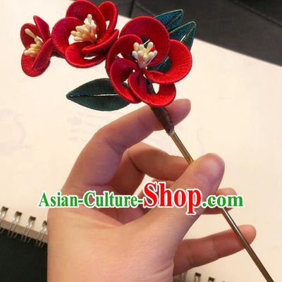 Chinese Ancient Court Lady Red Silk Plum Flowers Hairpins Hair Accessories Handmade Tang Dynasty Blossom Hair Stick