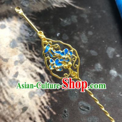 Chinese Ancient Palace Lady Blueing Flowers Hairpins Hair Accessories Handmade Ming Dynasty Queen Golden Curette Hair Stick