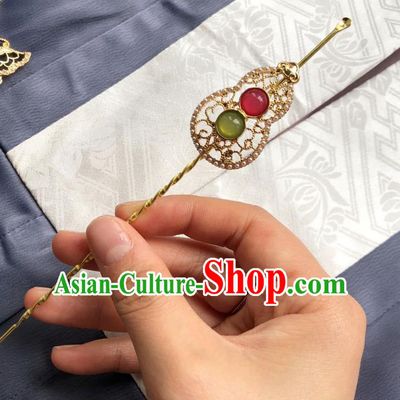 Chinese Ancient Palace Lady Golden Calabash Hairpins Hair Accessories Handmade Ming Dynasty Queen Gems Curette Hair Stick