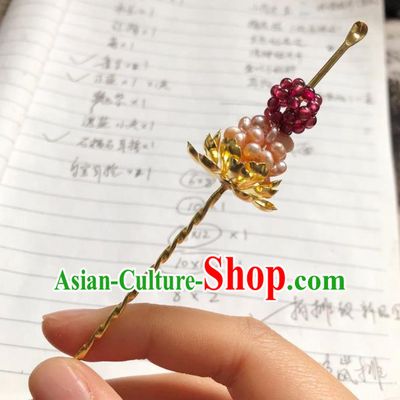 Chinese Ancient Palace Lady Pearls Hairpins Hair Accessories Handmade Ming Dynasty Queen Golden Lotus Curette Hair Stick