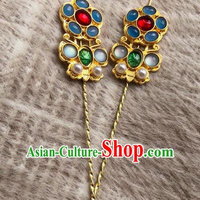 Chinese Ancient Palace Lady Gems Hairpins Hair Accessories Handmade Ming Dynasty Queen Golden Butterfly Curette Hair Stick