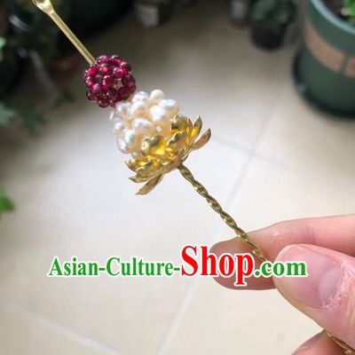 Chinese Ancient Palace Garnet Pearls Hairpins Hair Accessories Handmade Ming Dynasty Empress Golden Lotus Curette Hair Stick