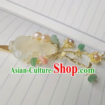 Chinese Ancient Court Women Jade Hairpins Hair Accessories Handmade Qing Dynasty Palace Golden Plum Pearls Hair Stick