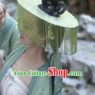 Chinese Classical Ancient Princess Green Beads Tassel Hat Ancient Song Dynasty Swordswoman Headwear