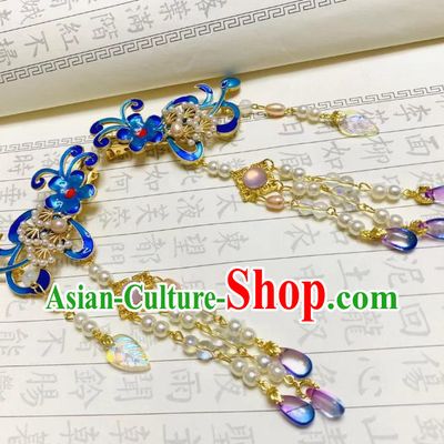 Chinese Ancient Empress Beads Tassel Hairpins Hair Accessories Handmade Ming Dynasty Palace Cloisonne Flower Hair Sticks