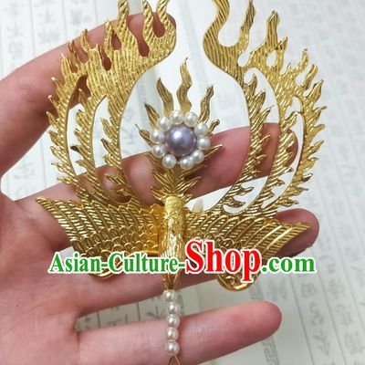 Chinese Ancient Empress Hair Crown Hairpins Hair Accessories Handmade Ming Dynasty Palace Golden Phoenix Tassel Hair Stick