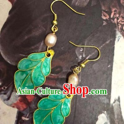 Handmade Chinese Classical Cloisonne Green Leaf Eardrop Ear Accessories Ancient Ming Dynasty Princess Hanfu Earrings