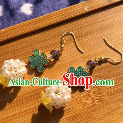 Handmade Chinese Classical Pearls Eardrop Ear Accessories Ancient Ming Dynasty Princess Hanfu Cloisonne Earrings
