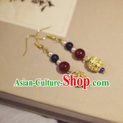 Handmade Chinese Classical Golden Eardrop Ear Accessories Ancient Ming Dynasty Princess Hanfu Garnet Earrings