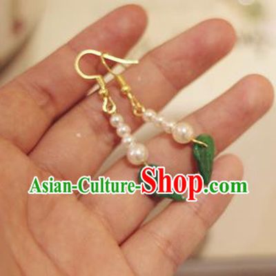 Handmade Chinese Classical Jadeite Leaf Eardrop Ear Accessories Ancient Ming Dynasty Princess Hanfu Pearls Earrings