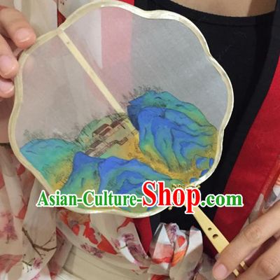 Chinese Classical Wood Handle Silk Fans Handmade Fan Ancient Ming Dynasty Princess Hanfu Landscape Painting Palace Fan