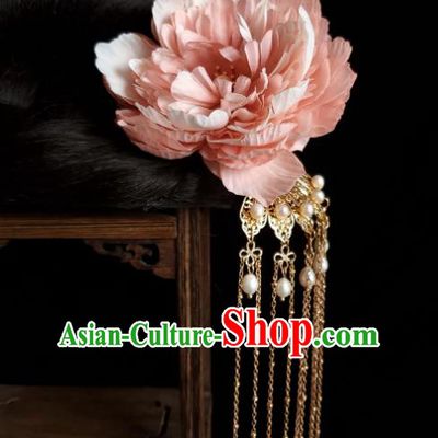 Chinese Ancient Empress Pink Silk Peony Hairpins Hair Accessories Handmade Hanfu Golden Tassel Hair Stick