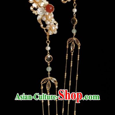 Chinese Ancient Empress Golden Tassel Pearls Hairpins Hair Accessories Handmade Ming Dynasty Hanfu Hair Stick