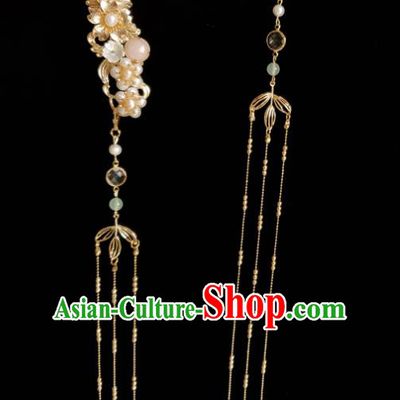 Chinese Ancient Empress Pink Chalcedony Hairpins Hair Accessories Handmade Ming Dynasty Hanfu Golden Tassel Pearls Hair Stick