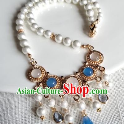 Chinese Handmade Chalcedony Necklet Classical Jewelry Accessories Ancient Princess Hanfu Gems Pearls Tassel Necklace for Women
