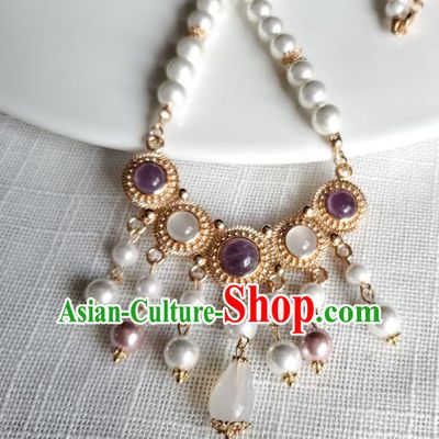 Chinese Handmade Pearls Necklet Classical Jewelry Accessories Ancient Princess Hanfu Amethyst Necklace for Women