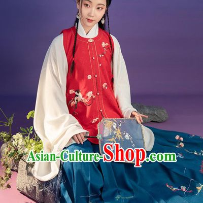 Chinese Ancient Noble Lady Embroidered Red Vest Blouse and Skirt Traditional Hanfu Dress Ming Dynasty Princess Historical Costumes