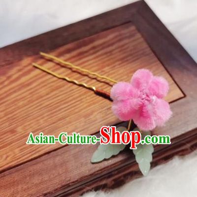 Chinese Ancient Qing Dynasty Pink Peach Blossom Hair Stick Handmade Hair Accessories Hanfu Princess Velvet Flowers Hairpins