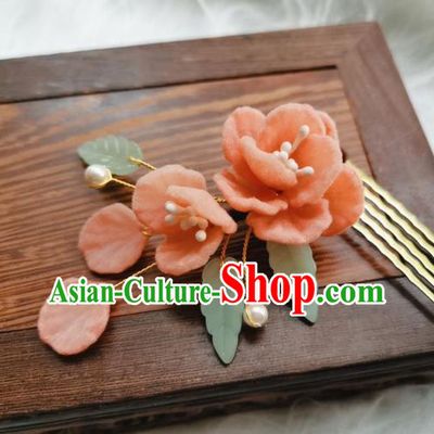 Chinese Qing Dynasty Pink Camellia Hair Comb Handmade Hair Accessories Hanfu Ancient Princess Velvet Flowers Hairpins