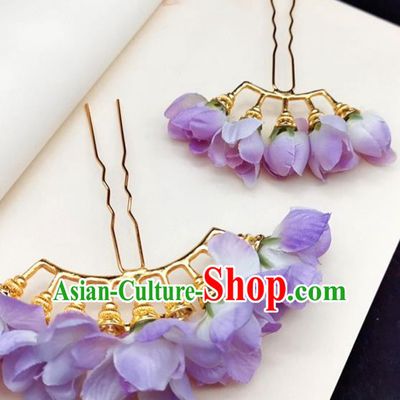 Chinese Ming Dynasty Princess Purple Silk Flowers Hair Stick Handmade Hair Accessories Hanfu Ancient Palace Lady Hairpins