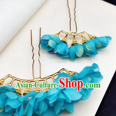 Chinese Ming Dynasty Princess Blue Silk Flowers Hair Stick Handmade Hair Accessories Hanfu Ancient Palace Lady Hairpins