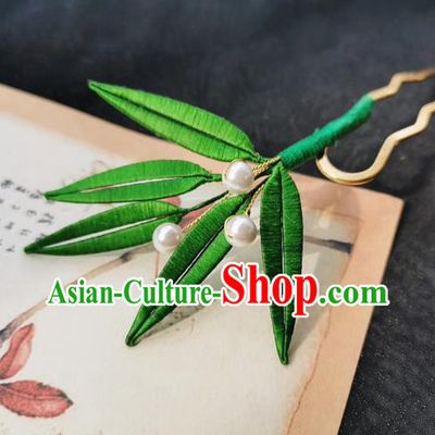 Chinese Classical Green Silk Bamboo Leaf Hair Stick Handmade Hanfu Hair Accessories Ancient Song Dynasty Court Lady Hairpins
