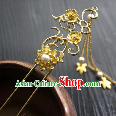 Chinese Classical Golden Plum Blossom Hair Stick Handmade Hanfu Hair Accessories Ancient Jin Dynasty Court Tassel Hairpins