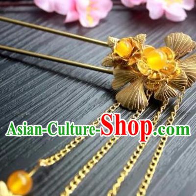 Chinese Classical Hair Stick Handmade Hanfu Hair Accessories Ancient Jin Dynasty Court Golden Ginkgo Leaf Tassel Hairpins