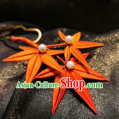 Chinese Classical Red Silk Maple Leaf Hair Stick Handmade Hanfu Hair Accessories Ancient Song Dynasty Court Hairpins