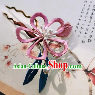Chinese Classical Pink Silk Flower Hair Stick Handmade Hanfu Hair Accessories Ancient Song Dynasty Court Peach Blossom Hairpins